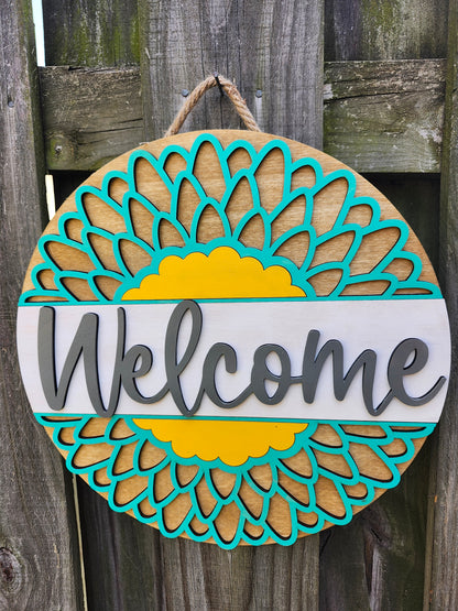 Welcome Teal Flower Door Sign
