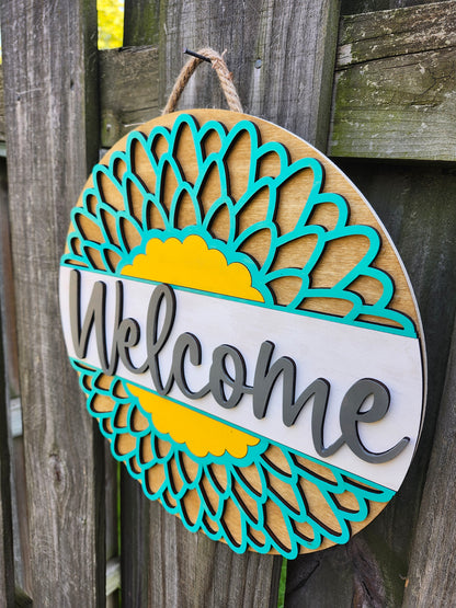 Welcome Teal Flower Door Sign