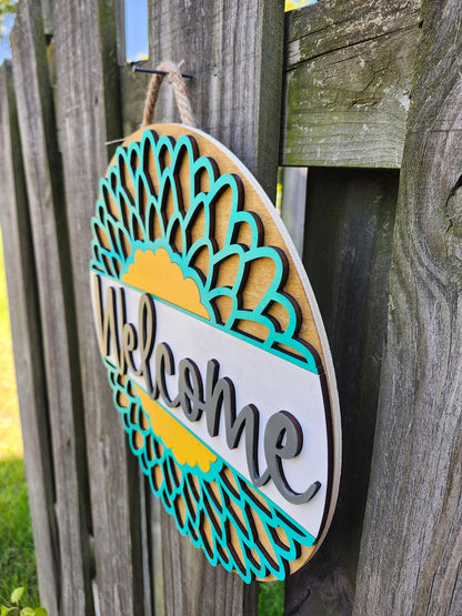 Welcome Teal Flower Door Sign