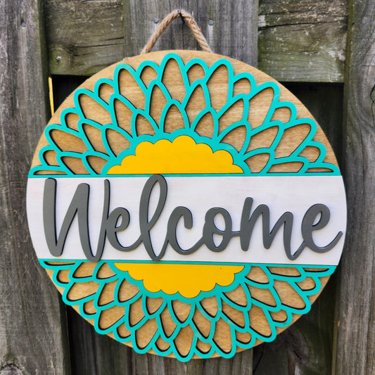 Welcome Teal Flower Door Sign