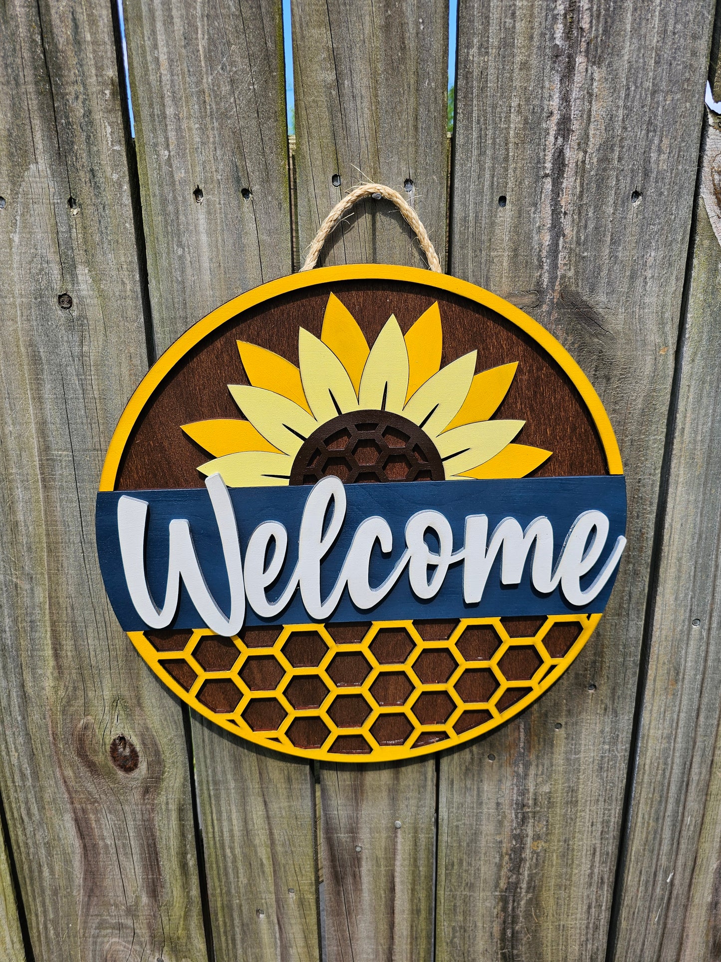 Welcome Honeycomb and Sunflower Door Sign