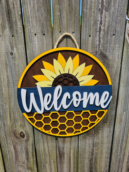 Welcome Honeycomb and Sunflower Door Sign