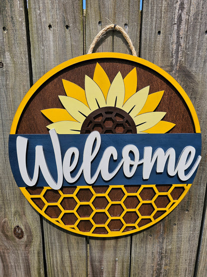 Welcome Honeycomb and Sunflower Door Sign