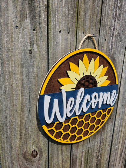 Welcome Honeycomb and Sunflower Door Sign