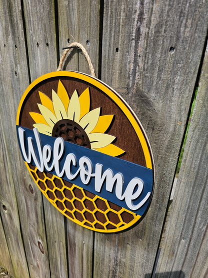 Welcome Honeycomb and Sunflower Door Sign