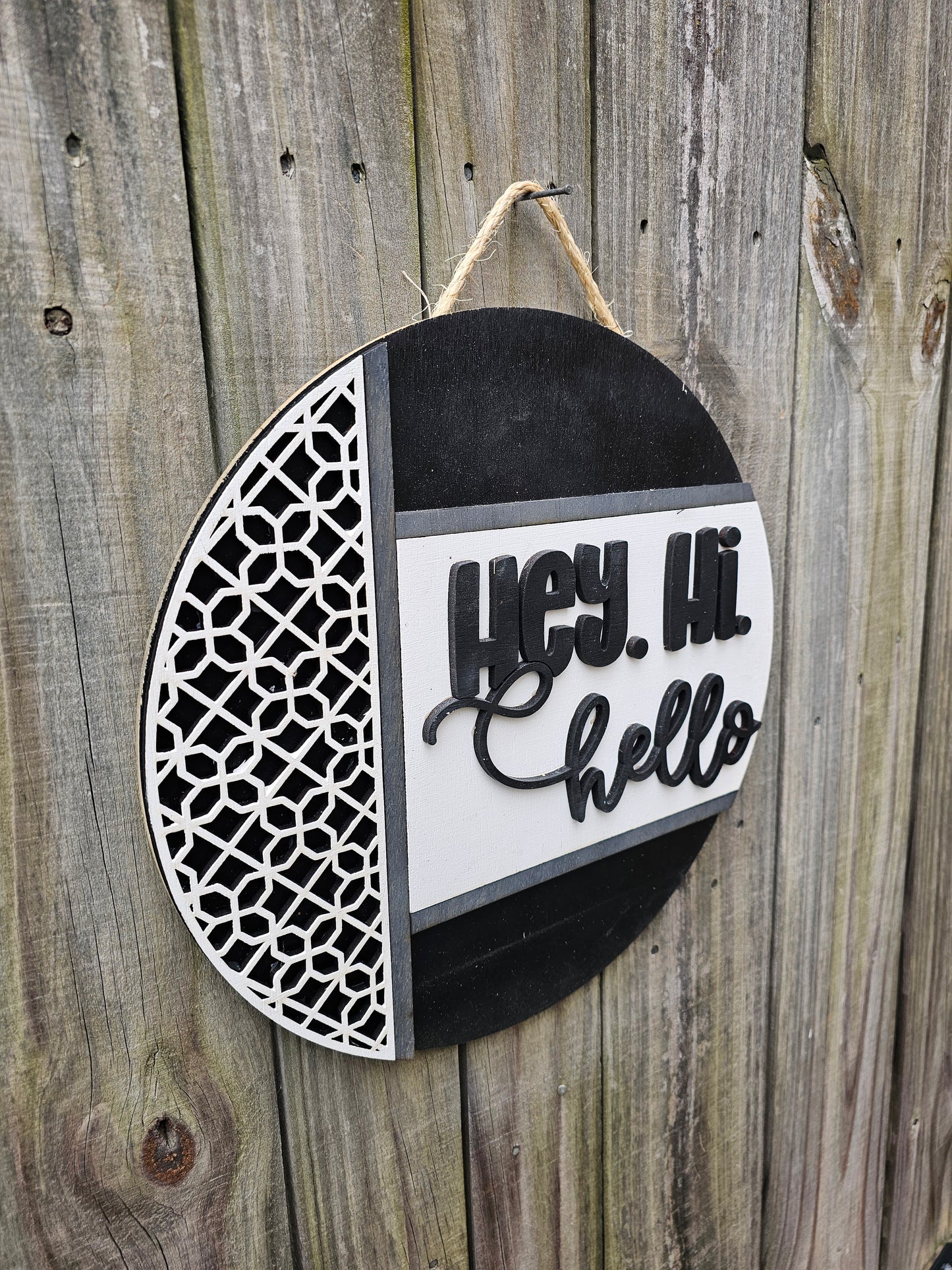 Hey, Hi, Hello Black Wood Door Sign