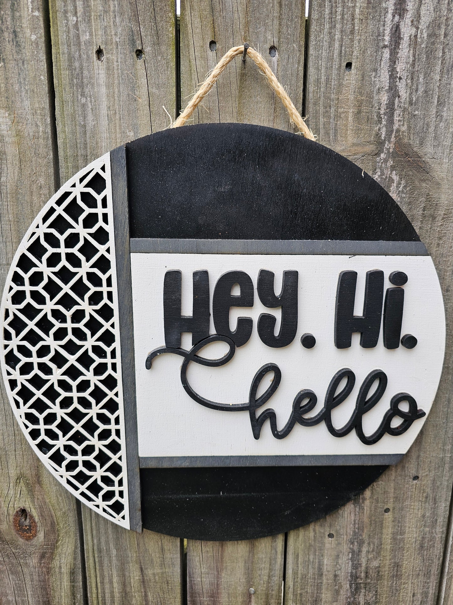 Hey, Hi, Hello Black Wood Door Sign