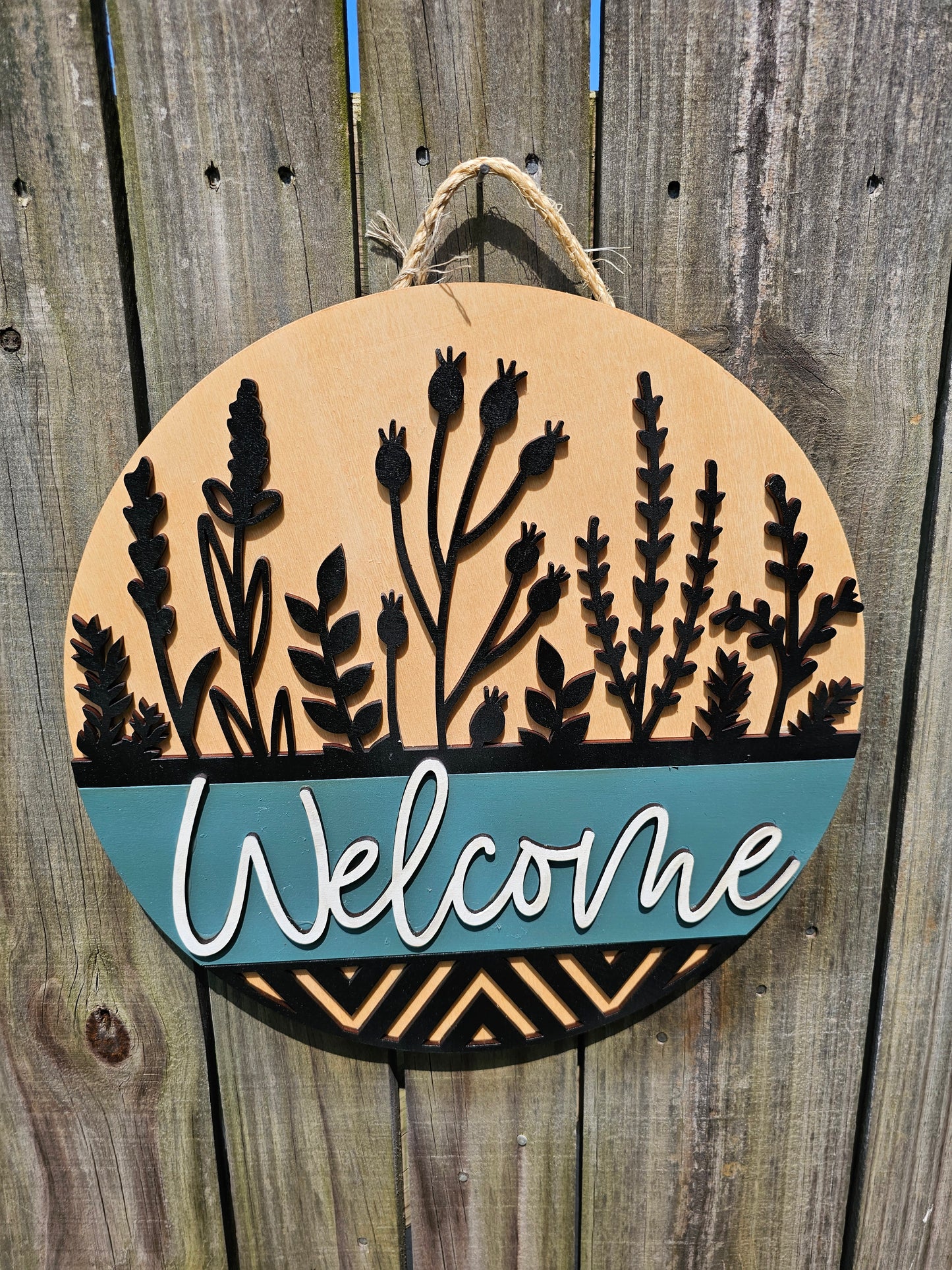 Black Flowers Welcome Door Sign