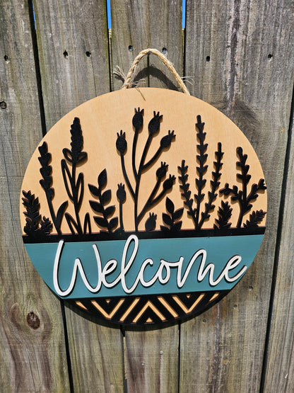 Black Flowers Welcome Door Sign