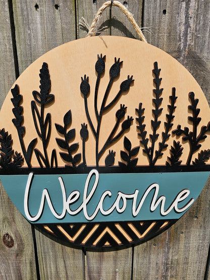 Black Flowers Welcome Door Sign