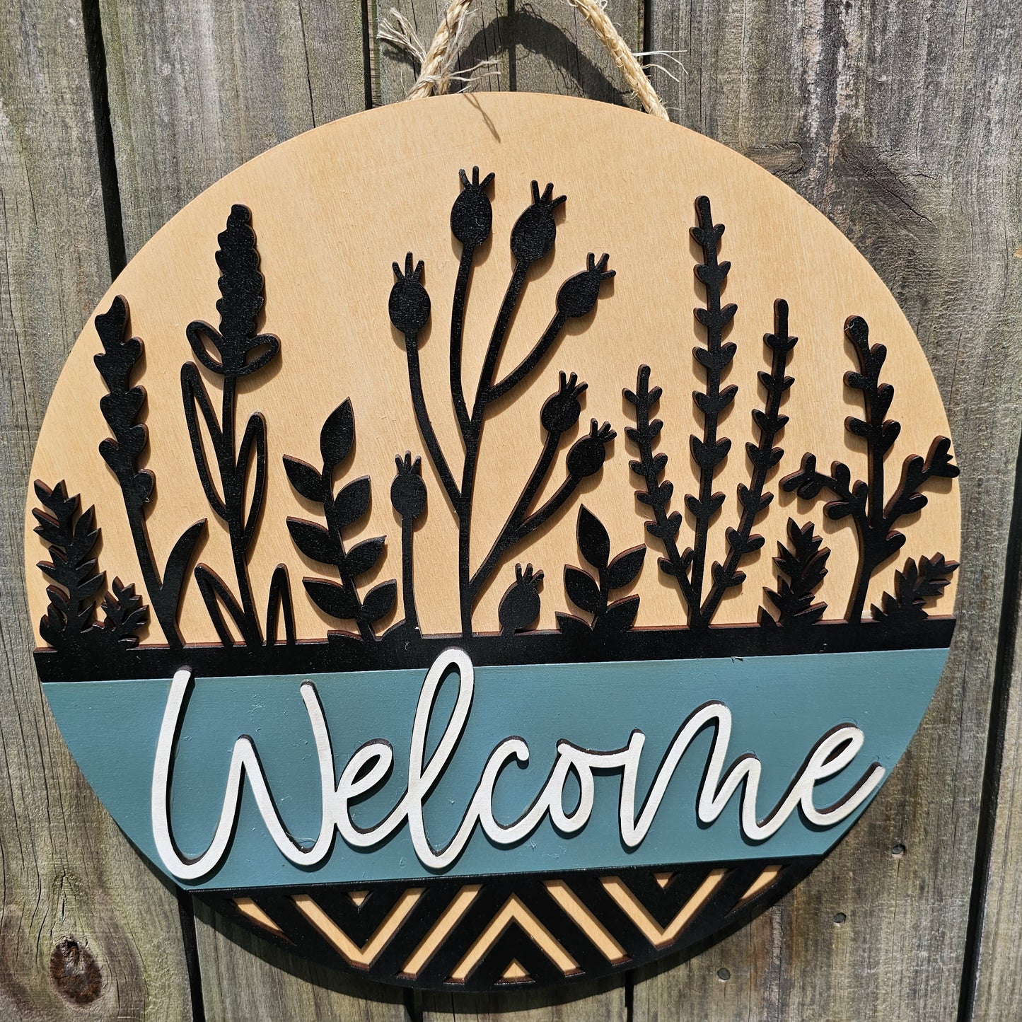 Black Flowers Welcome Door Sign