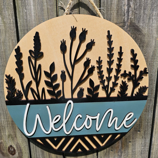 Black Flowers Welcome Door Sign