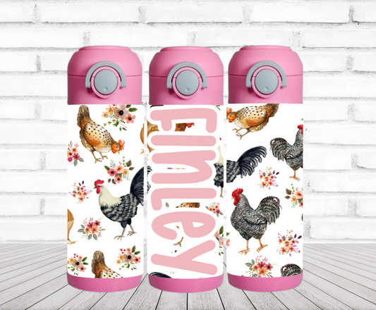 Chickens & Flowers Water Bottle Personalized - 12 oz Flip Top Water Bottle with Straw