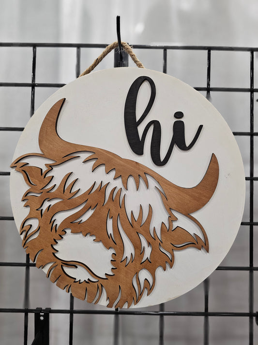 Highland Cow "Hi" Wooden Door Hanging Sign