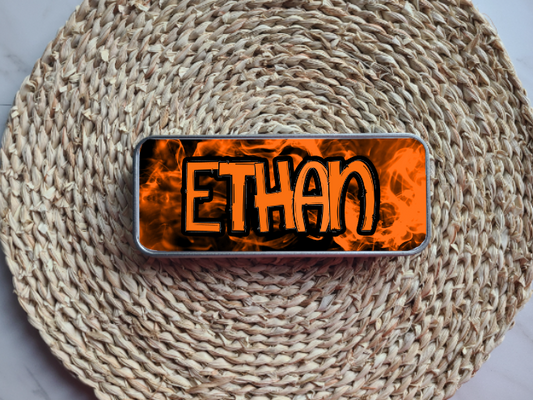 Orange and Black Flame Personalized Tin Pencil Case