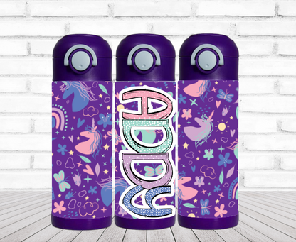 Purple Unicorns Flip Top Water Bottle - Personalized