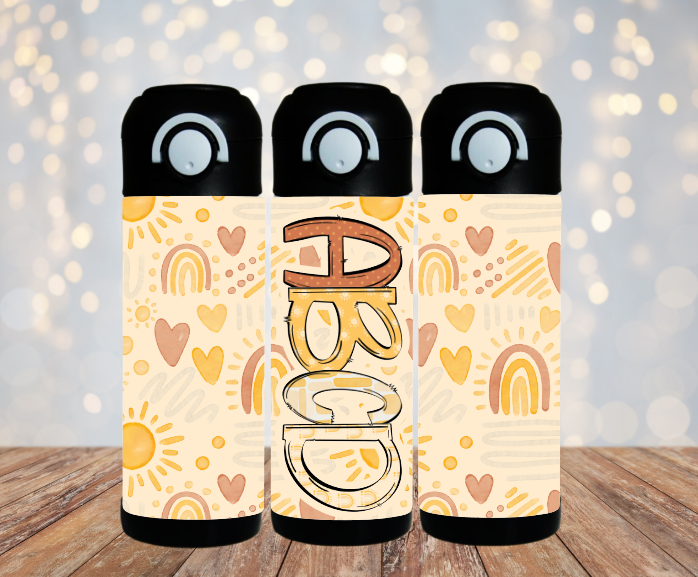 Yellow Sunshine & Rainbows Hearts Flip Top Water Bottle - Personalized