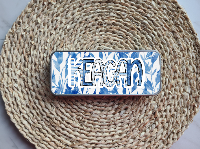 Blue Floral Personalized Tin Pencil Case