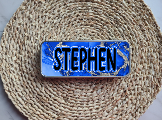 Blue & Silver Personalized Tin Pencil Case