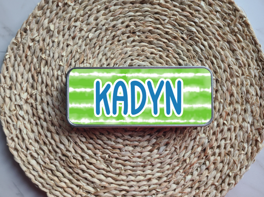 Green Stripe Personalized Tin Pencil Case