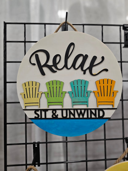 Relax, Sit & Unwind Wooden Door Hanging Sign