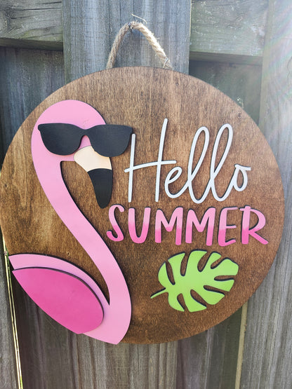 Hello Summer Flamingo Wood Sign