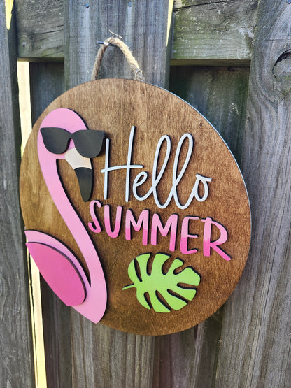 Hello Summer Flamingo Wood Sign
