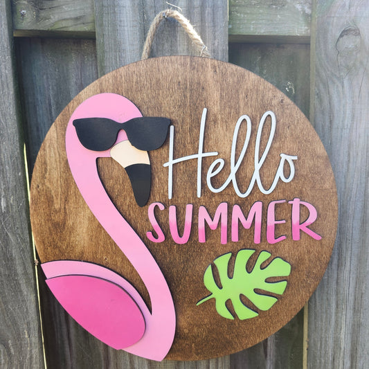 Hello Summer Flamingo Wood Sign