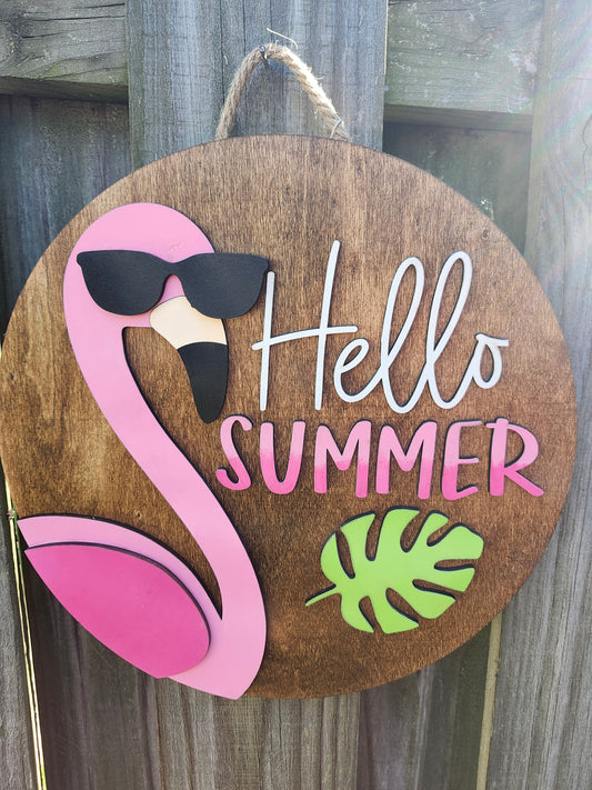 Hello Summer Flamingo Wooden Door Hanging Sign