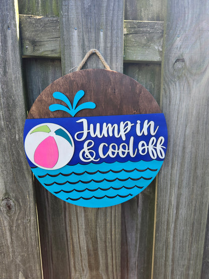 Jump In & Cool Off Wooden Door Hanging Sign