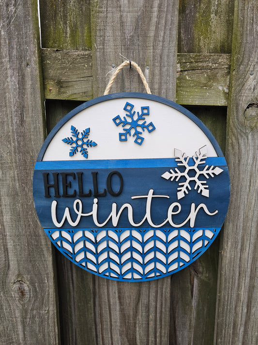 Hello Winter Snowflake Wooden Door Hanging Sign