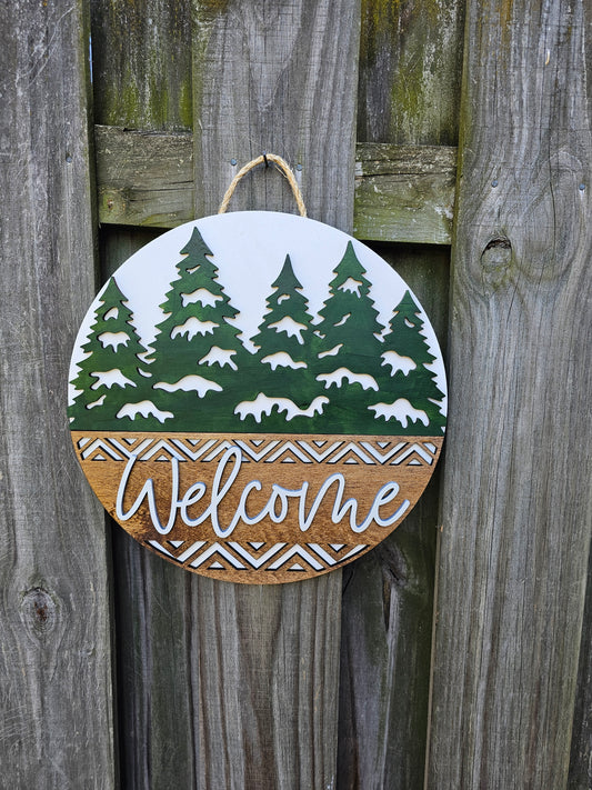 Winter Trees Welcome - Wooden Door Hanging Sign