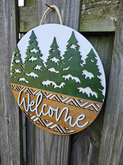 Winter Trees Welcome - Wooden Door Hanging Sign