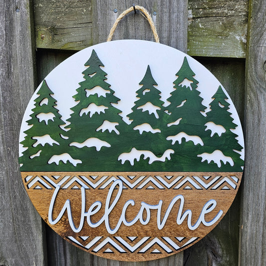 Winter Trees Welcome - Wooden Door Hanging Sign