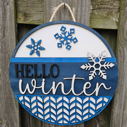 Hello Winter Snowflake Wooden Door Hanging Sign