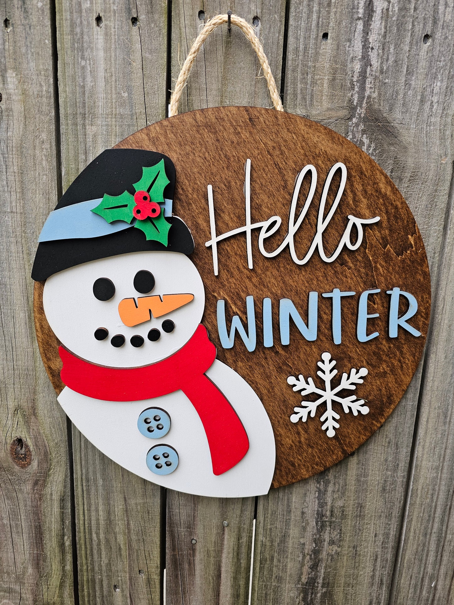 Hello Winter Snowman Wood Door Sign