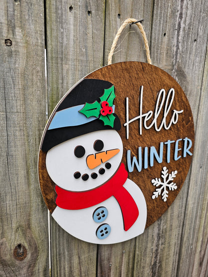 Hello Winter Snowman Wood Door Sign