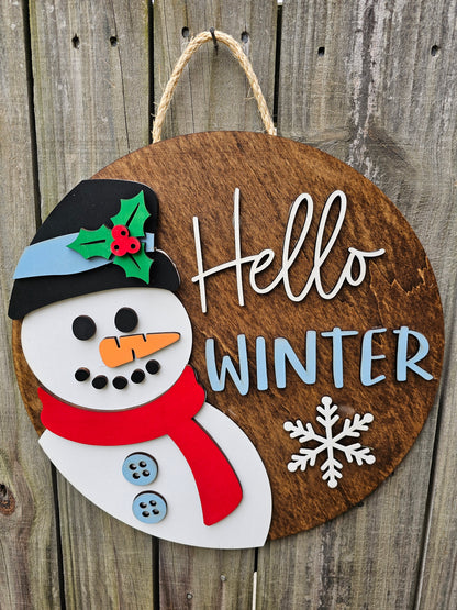 Hello Winter Snowman Wood Door Sign