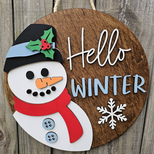 Hello Winter Snowman Wood Door Sign