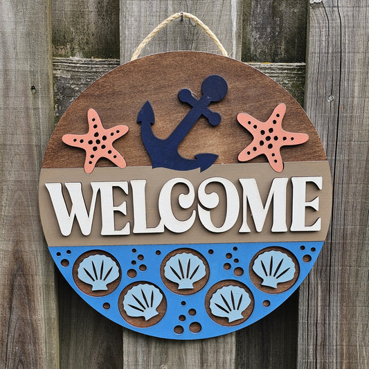 Welcome with Starfish Wooden Door Hanging Sign