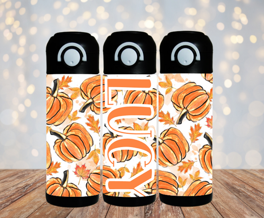 Watercolor Pumpkins Checks Flip Top Water Bottle - Personalized