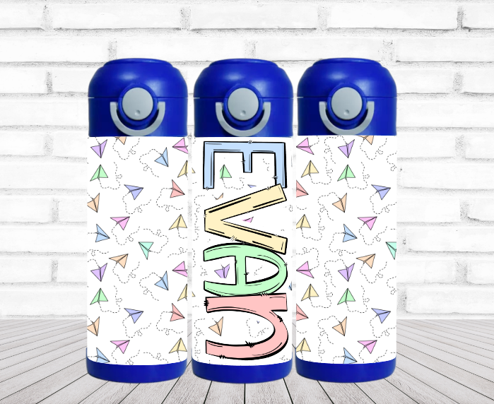 Paper Airplanes - 12 oz Flip Top Water Bottle with Straw