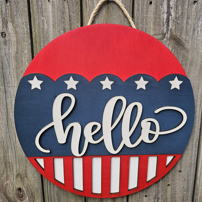 Hello Patriotic Wood Door Sign