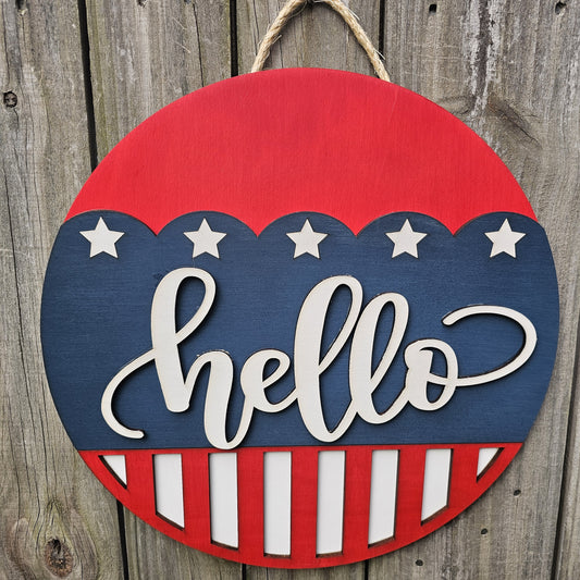 Hello Patriotic Wood Door Sign