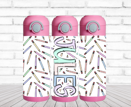 Pastel Pencils - 12 oz Flip Top Water Bottle with Straw