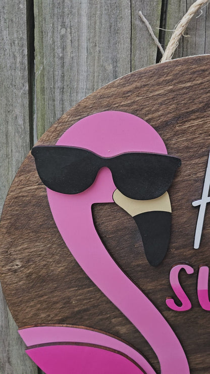 Hello Summer Flamingo Wood Sign