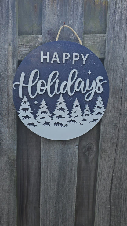 Happy Holidays Blue Wood Door Sign