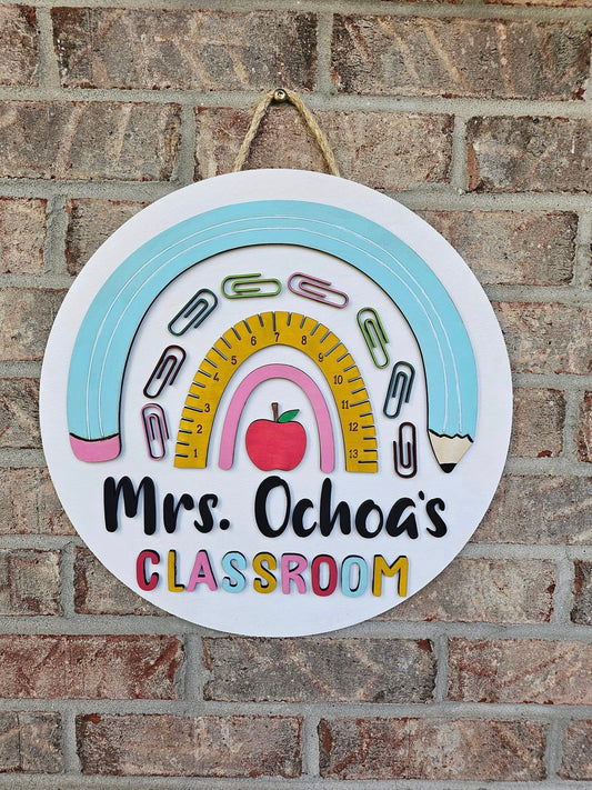 Rainbow Personalized Classroom Wooden Door Hanging Sign