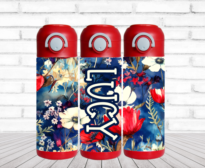 Red, White and Blue Floral Personalized Water Bottle