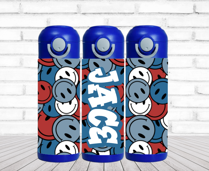 Red, White & Blue Smileys Personalized Water Bottle